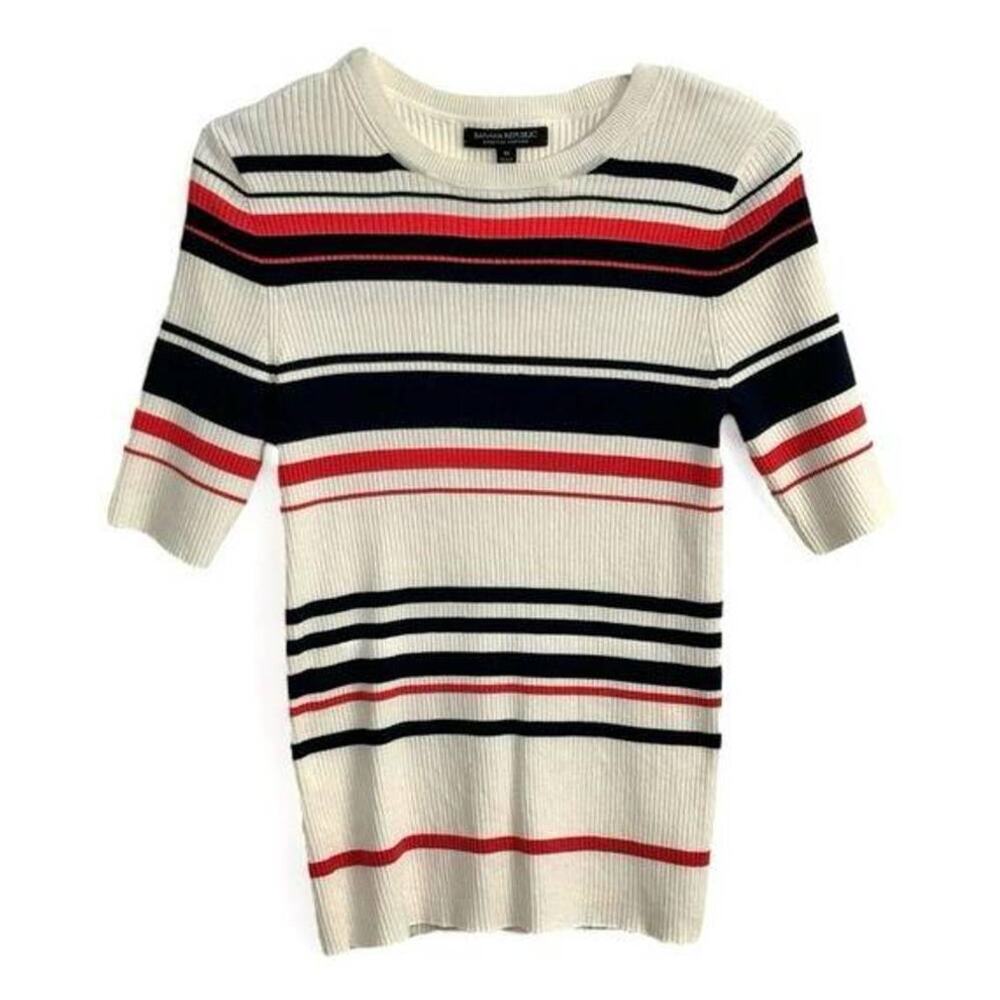 Banana Republic Pink/Black Stripe Stretch-Cotton Fitted Sweater Size Medium - Picture 3 of 6
